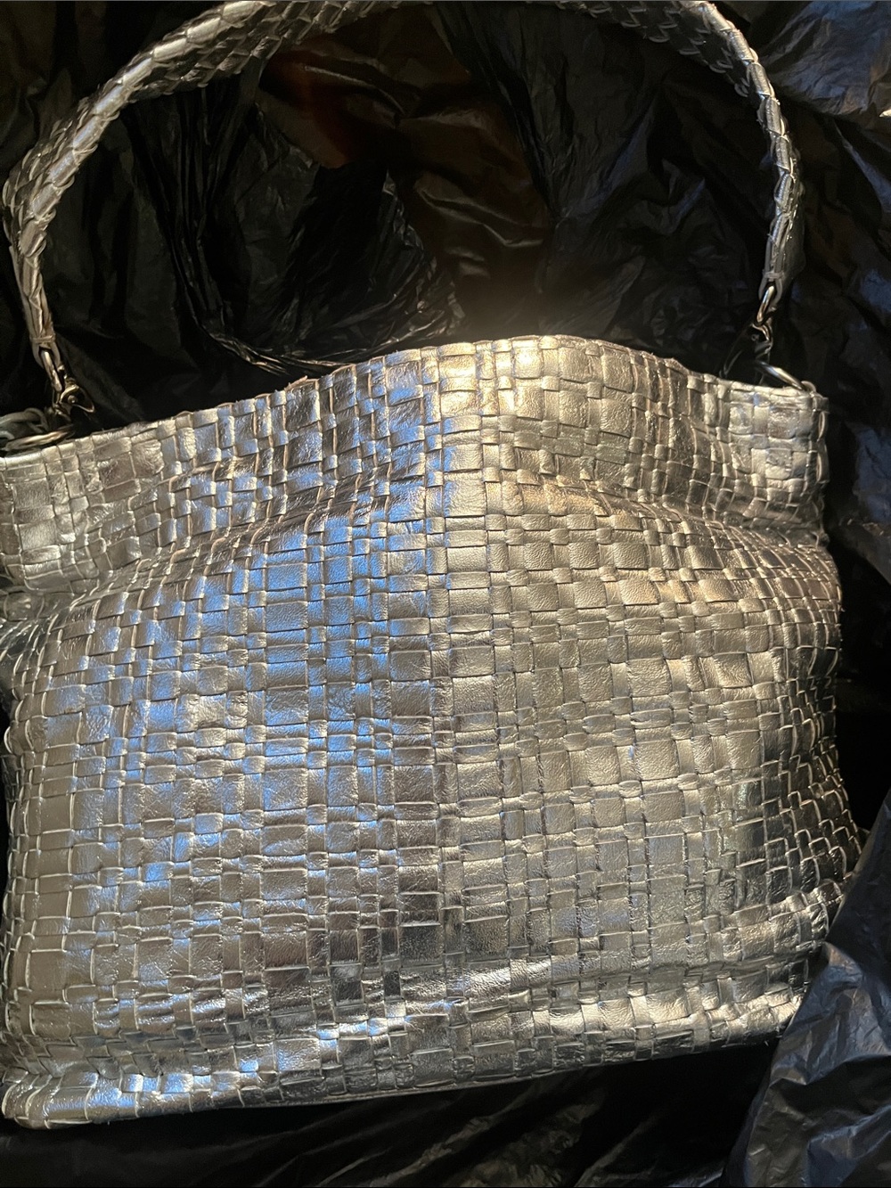 Elliott Lucca Metallic Silver Woven Shoulder Bag